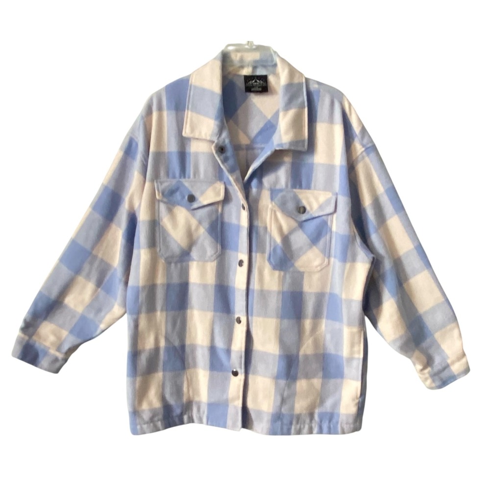 HFX Plaid Flannel Oversized Shirt‎ Jacket Blue White Button Up Shacket Sz Large